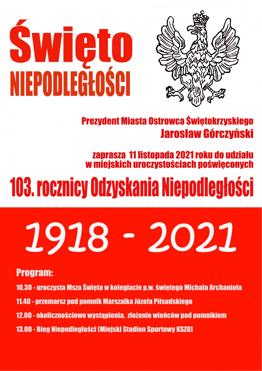 Święto Niepodległości, Prezydent Miasta Jarosława Górczyński zaprasza do udziału w miejskich uroczystościach. 