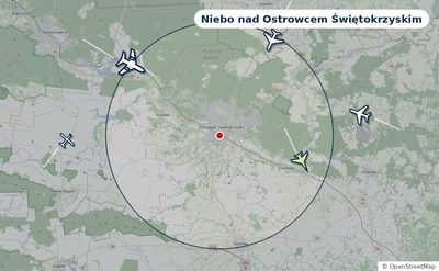 Mapa okolic miasta z sylwetkami samolotów — Niebo nad Ostrowcem Świętokrzyskim na żywo