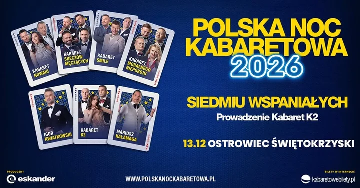 Grafika promocyjna wydarzenia Polska Noc Kabaretowa 2026 — Siedmiu wspaniałych w Ostrowcu Świętokrzyskim