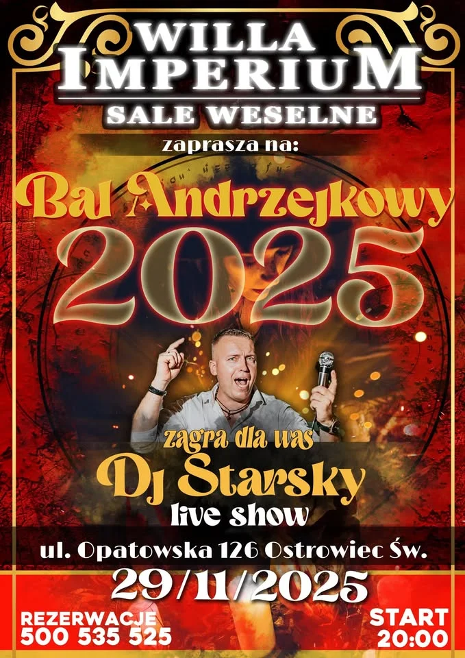 Obrazek przedstawia grafikę promocyjną wydarzenia Wieczór andrzejkowy z kolacją, tańcem i atrakcjami w Willi Imperium