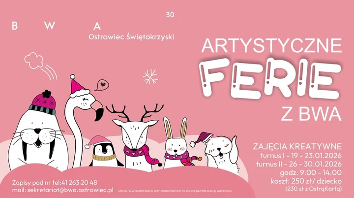 Grafika promocyjna wydarzenia Artystyczne ferie z BWA Ostrowiec Świętokrzyski — kreatywne warsztaty dla dzieci 7–12 lat