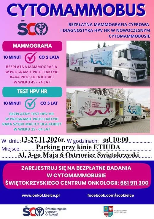Grafika promocyjna wydarzenia Bezpłatne badania profilaktyczne w cytomammobusie ŚCO