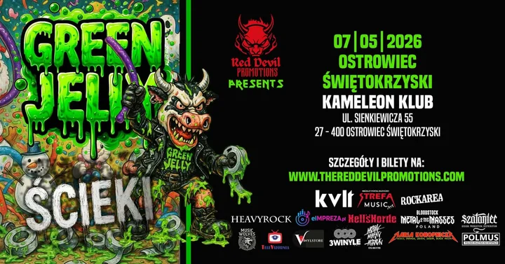 Grafika promocyjna wydarzenia Green Jellÿ + Ścieki w Kameleon Klub — Ostrowiec Świętokrzyski, 7 maja 2026