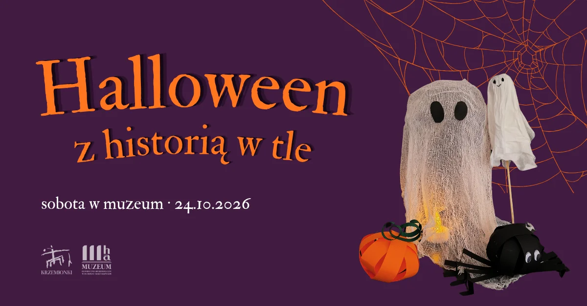Grafika promocyjna wydarzenia Halloween z historią w tle – sobota w muzeum