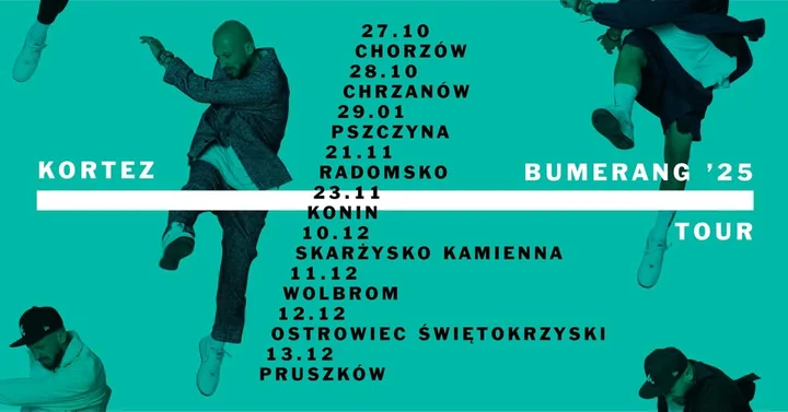 Obrazek przedstawia grafikę promocyjną wydarzenia Kortez z trasą jubileuszową „Bumerang 25” w Ostrowcu Świętokrzyskim