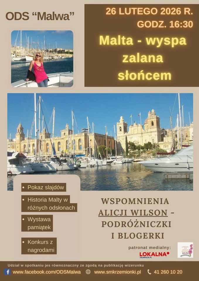 Grafika promocyjna wydarzenia Malta — wyspa zalana słońcem. Spotkanie z Alicją Wilson
