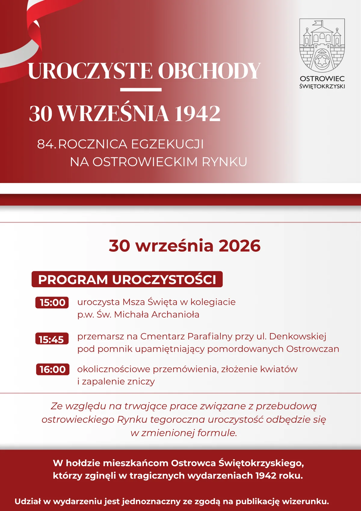 Grafika promocyjna wydarzenia Miejskie obchody 84. rocznicy egzekucji na ostrowieckim Rynku