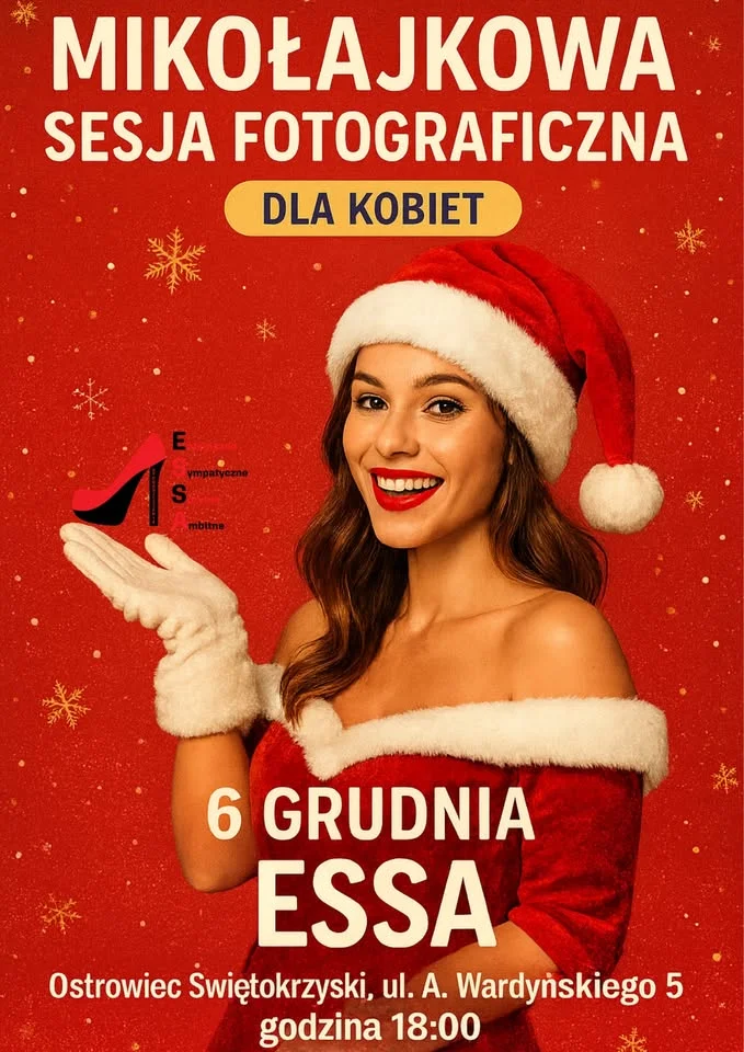 Grafika promocyjna wydarzenia Mikołajkowa Sesja Fotograficzna dla Kobiet w ESSA