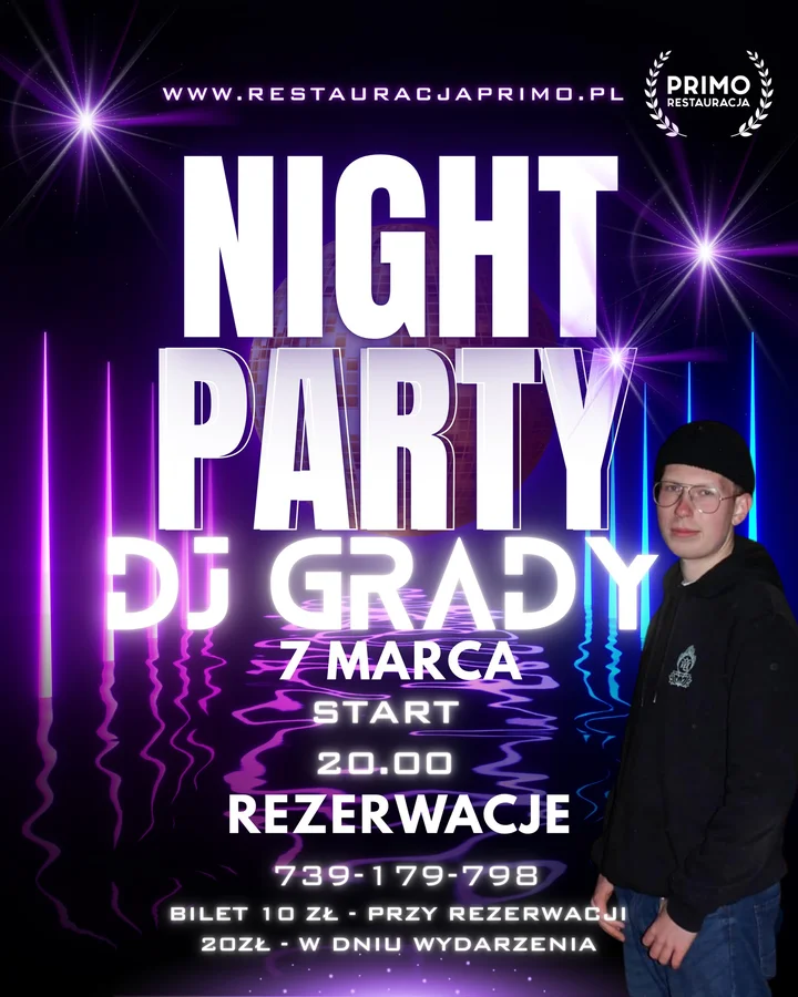 Grafika promocyjna wydarzenia Night Party w Restauracji Primo — 7 marca 2026, Ostrowiec Świętokrzyski