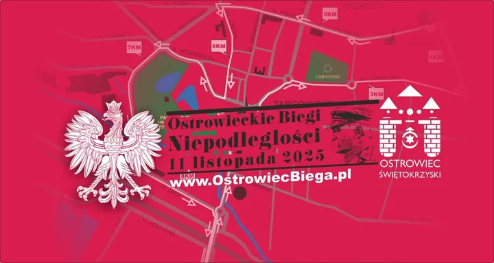 Grafika promocyjna wydarzenia Ostrowieckie Biegi Niepodległości 2025 — bieg 10 km i marsz nordic walking 5 km