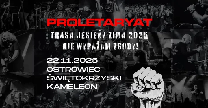 Obrazek przedstawia grafikę promocyjną wydarzenia Koncert Proletaryat w Ostrowcu Świętokrzyskim — 22 listopada 2025