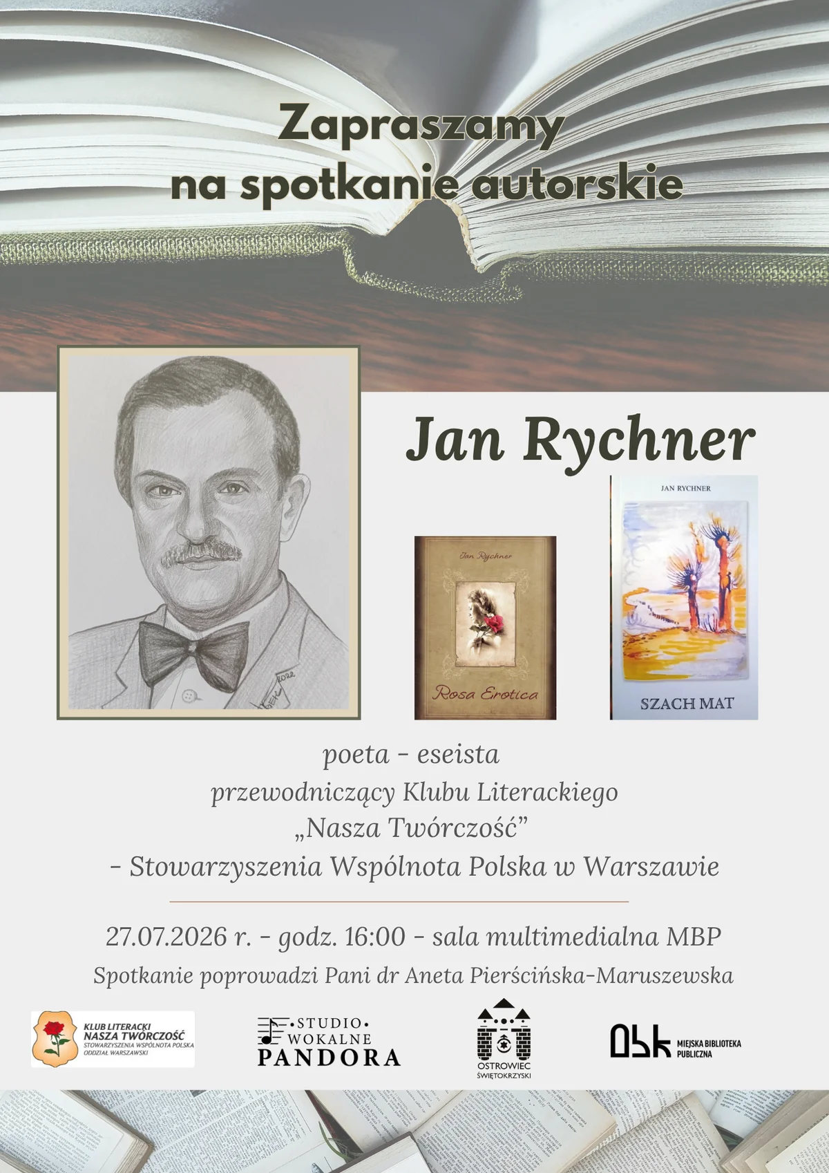 Grafika promocyjna wydarzenia Literatura, rozmowa i inspiracje. Jan Rychner spotka się z czytelnikami w Ostrowcu