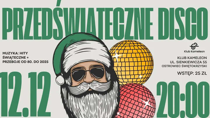 Grafika promocyjna wydarzenia Świąteczna Potańcówka w Kameleonie — grudniowy rozruch przed Wigilią