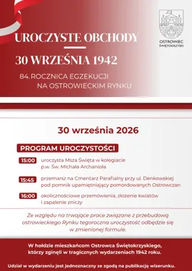 Grafika promocyjna wydarzenia Miejskie obchody 84. rocznicy egzekucji na ostrowieckim Rynku