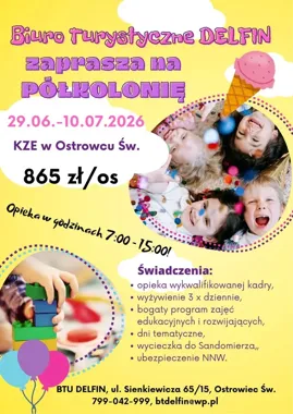 Grafika promocyjna wydarzenia Półkolonia 2026 w Ostrowcu Świętokrzyskim – wakacje z opieką, zabawą i wycieczką do Sandomierza