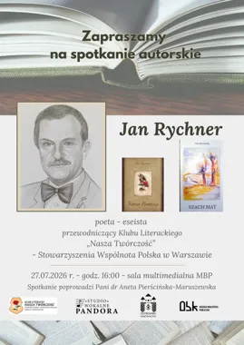 Grafika promocyjna wydarzenia Literatura, rozmowa i inspiracje. Jan Rychner spotka się z czytelnikami w Ostrowcu