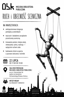 Grafika promocyjna wydarzenia Teatr w ruchu: biblioteka zaprasza na warsztaty scenicznej ekspresji